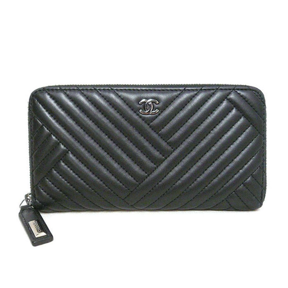 Chanel Lambskin Chevron Round Zipper Long Wallet Coco Mark Leather Black